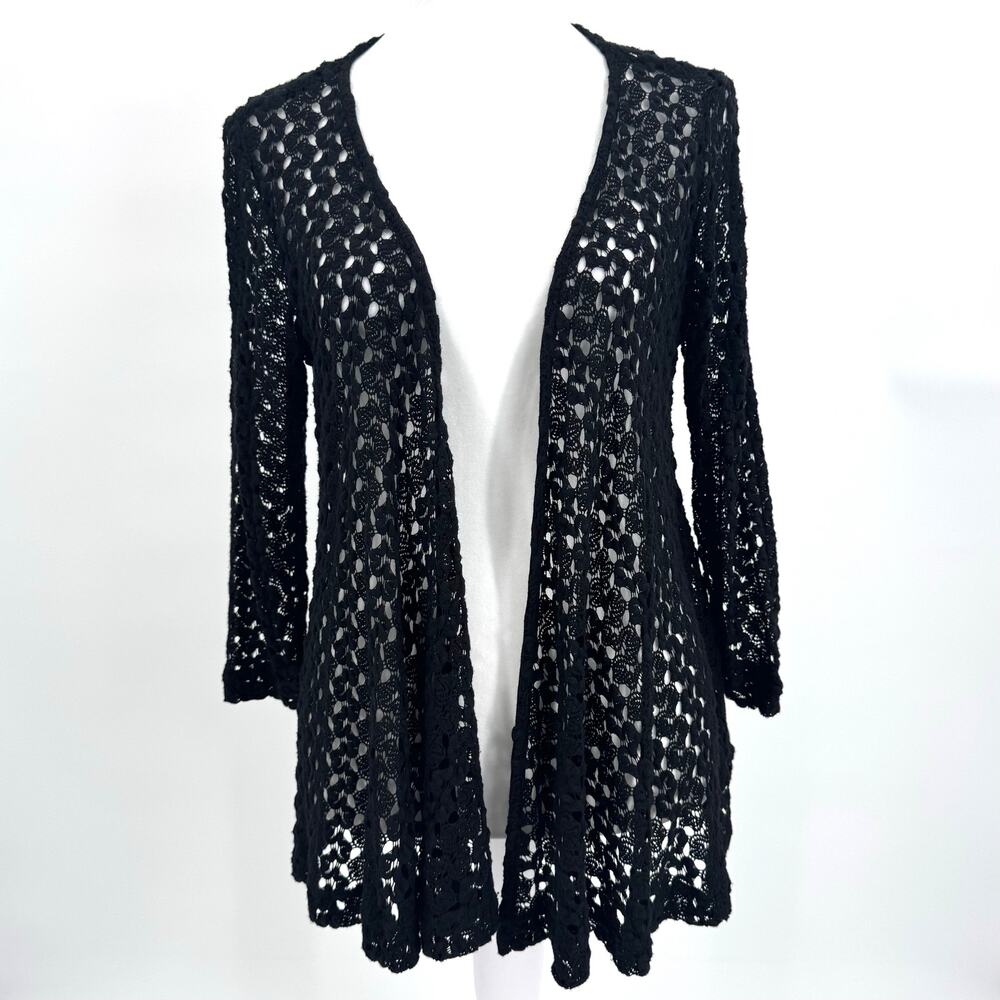 Whimsigoth, Dark Fairy Crochet Lace Cardigan Duster, Open Knit Black Cover-Up, S